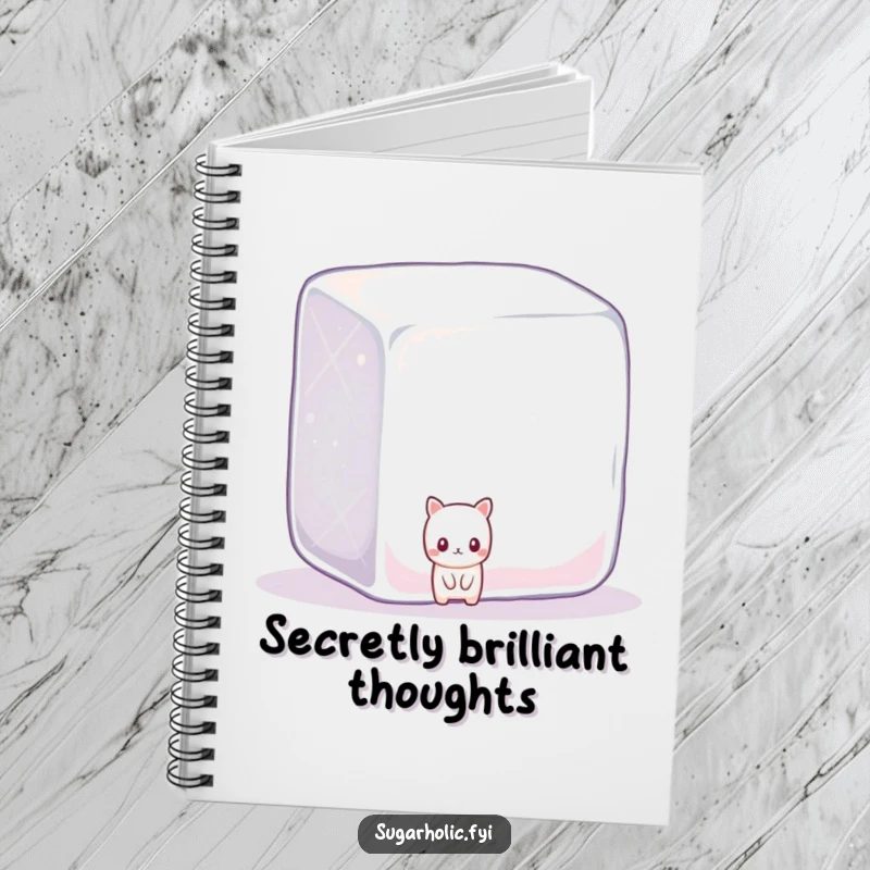 Funny shy candy character peeking from behind a giant, sparkling sugar cube, a humorous notebook for sweet musings.
