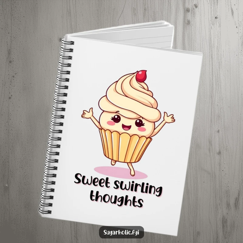 Funny cupcake notebook featuring a cheerful character dancing with frosting swirls, hilarious journal for writing down sweet ideas and daily notes.