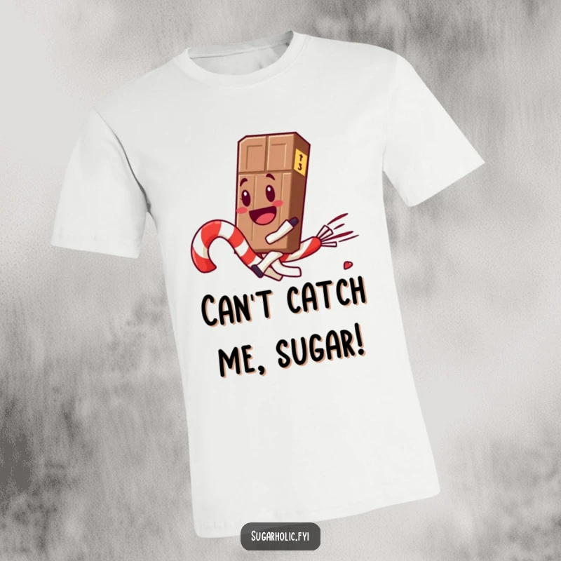 Funny chocolate bar character joyfully rides a swift, runaway candy cane, showcasing a hilarious sugary adventure on this t-shirt.