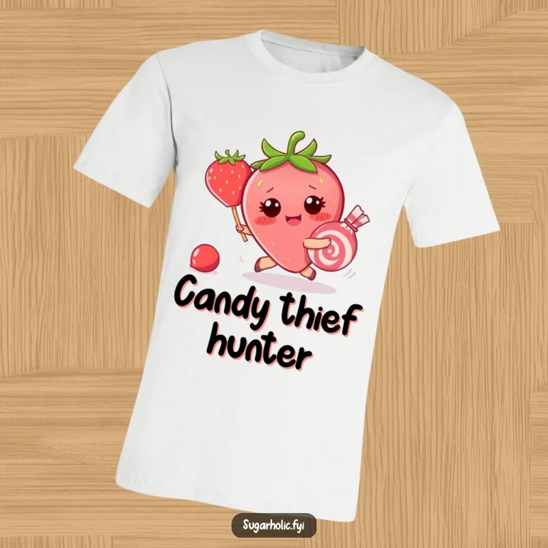 Funny t-shirt featuring a blushing strawberry character eagerly chasing a runaway piece of candy, depicting a humorous, sweet pursuit.