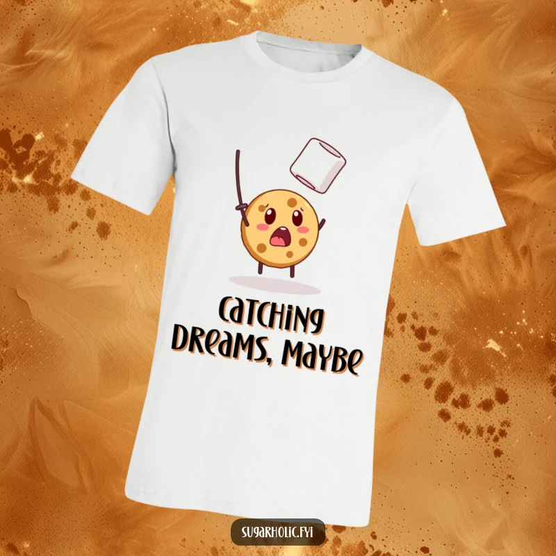 Funny t-shirt showing a surprised cookie character mid-air, eyes wide, reaching for a drifting marshmallow, conveying pure, comical desperation.