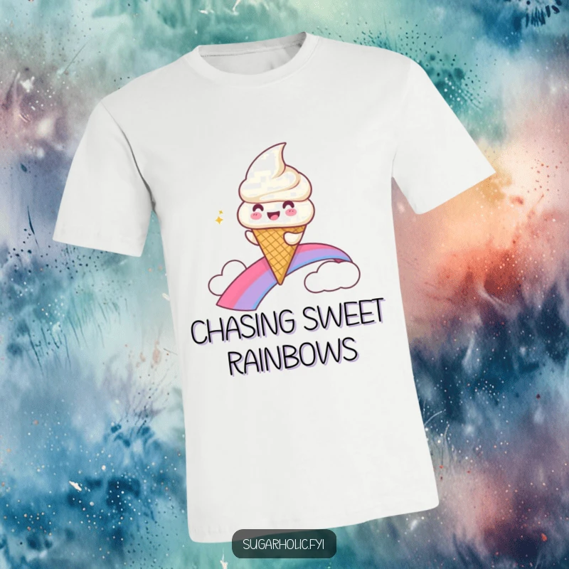 Funny T-Shirt depicting a gleeful ice cream cone character smoothly sliding down a colorful rainbow.