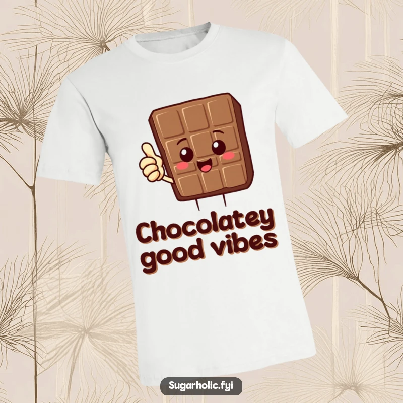 Funny Chocolate Bar T-Shirt depicting a delighted chocolate bar character giving a thumbs up, a tasty and funny gift.
