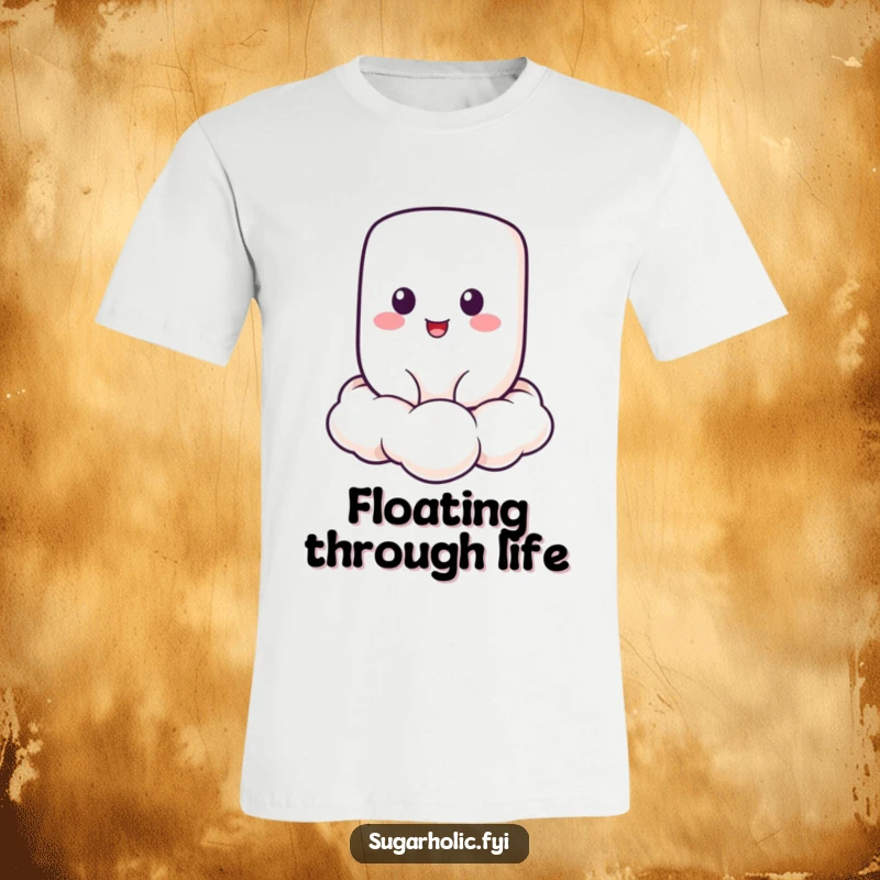 Funny Marshmallow T-Shirt depicting a cheerful marshmallow character floating on a cloud, an airy and funny gift.