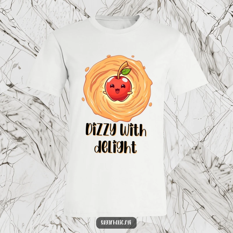 Funny T-Shirt featuring a beaming anthropomorphic candy apple character spinning in a caramel vortex, exuding sweet and humorous delight.