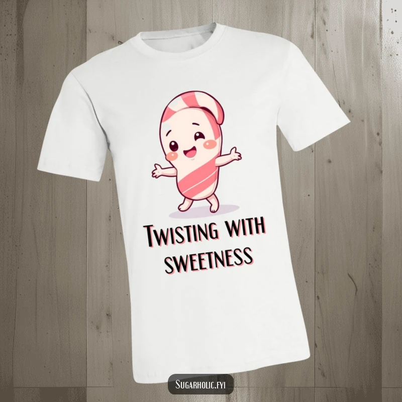 Funny T-Shirt depicting a giggling candy cane character doing a silly, whimsical dance with a gleeful look.