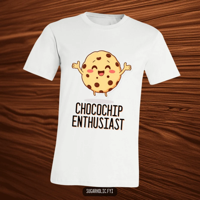 Funny cookie character with chocolate chips doing a joyful happy dance on a t-shirt, a celebration of sweetness and humor, a funny gift.