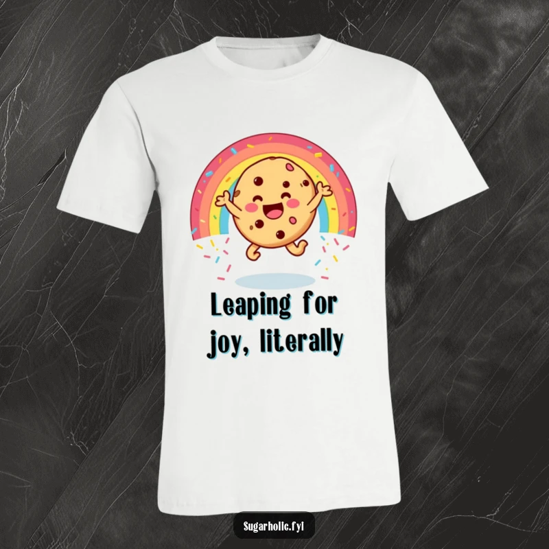 Funny cookie t-shirt showing a happy character leaping through a vibrant rainbow of sprinkles, perfect for spreading cheer with hilarious style.
