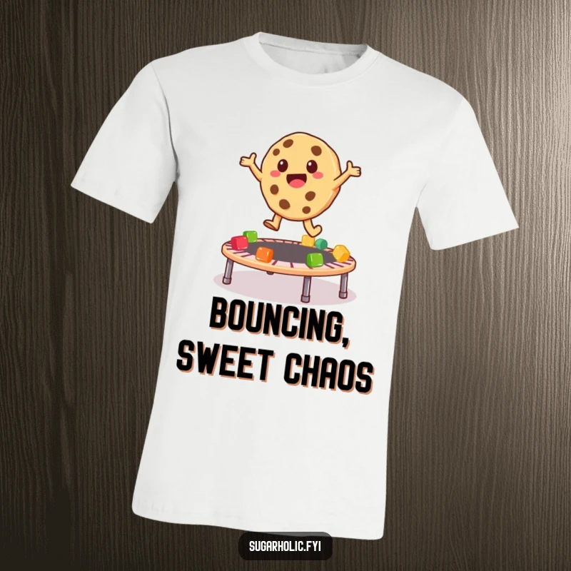 Funny T-Shirt with a happy cookie character leaping high on a trampoline constructed entirely from squishy, colorful gummy bears.