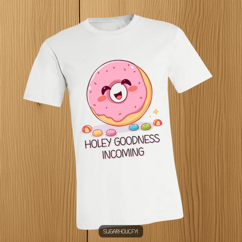 Funny T-Shirt depicting a giggling donut with its hole, comically trying to catch falling candy.