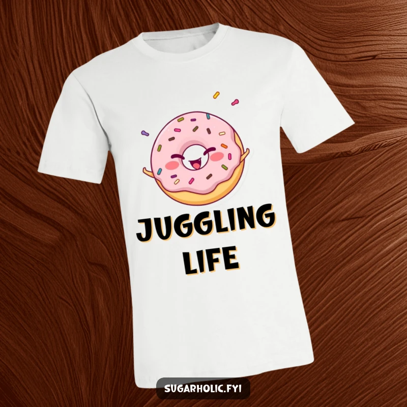 Funny cheerful donut character winking while juggling vibrant sprinkles, a humorous and delightful t-shirt graphic.