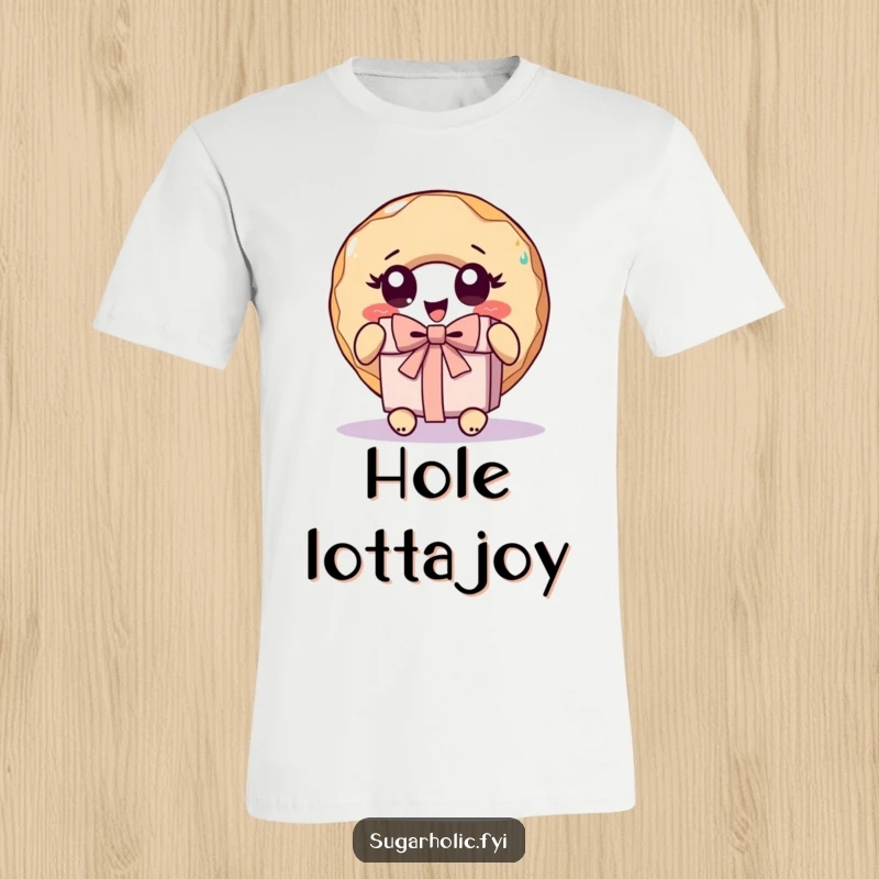 Funny donut character with wide eyes, joyfully unwrapping a gift on a comfortable and humorous t-shirt.