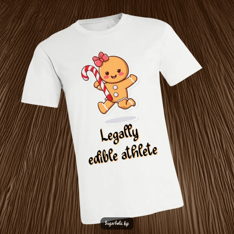 Funny gingerbread cookie character skipping merrily with a candy cane, printed on a comfortable, humorous t-shirt.