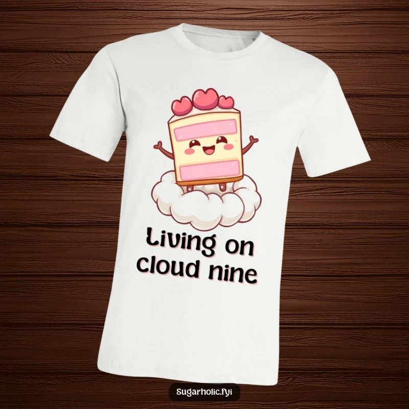 A happy slice of cake joyfully bouncing on a cloud of whipped cream, printed on a humorous t-shirt.