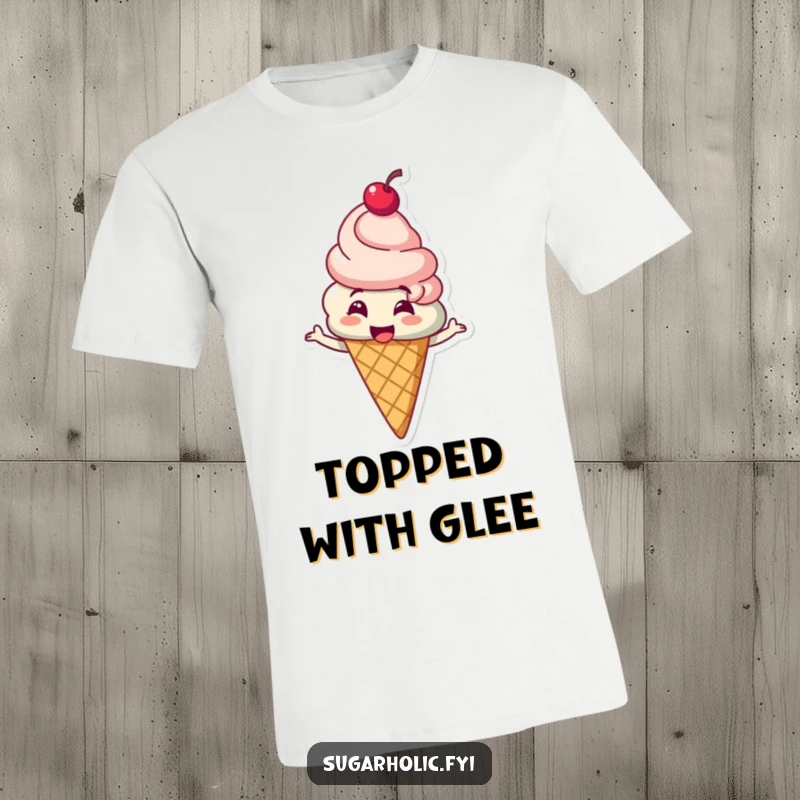 Funny ice cream cone character with a cherry on top giggling and spinning on a t-shirt, showcasing a fun and humorous dessert theme, a funny gift.