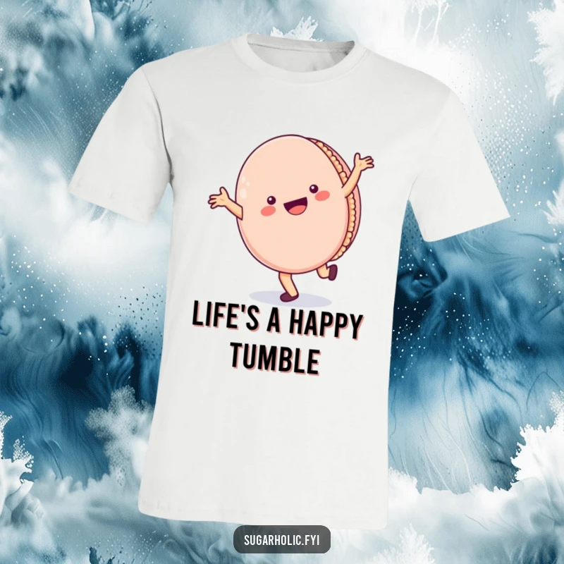 Funny T-Shirt: A cheerful macaron character captured mid-cartwheel with an infectious wide smile, embodying pure playful energy.