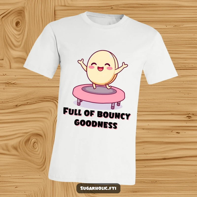Funny macaron t-shirt showing a delighted character bouncing on a jelly bean trampoline, playful apparel for happy vibes and cheerful moments.