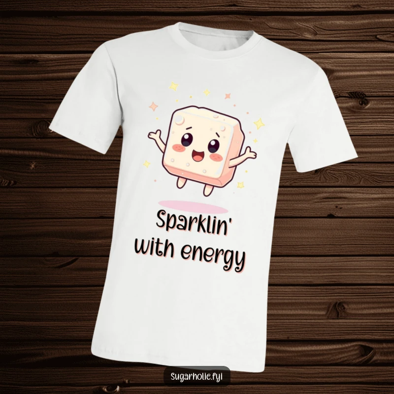 Funny sugar cube character bouncing with excitement, surrounded by sparkles, featured on a comfortable and fun t-shirt.
