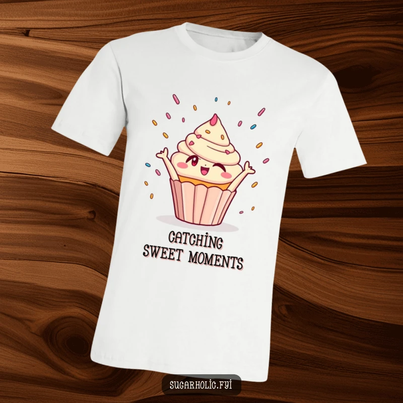 Funny T-Shirt: Cute winking cupcake character with a joyful expression, reaching eagerly for a shower of colorful sprinkles.