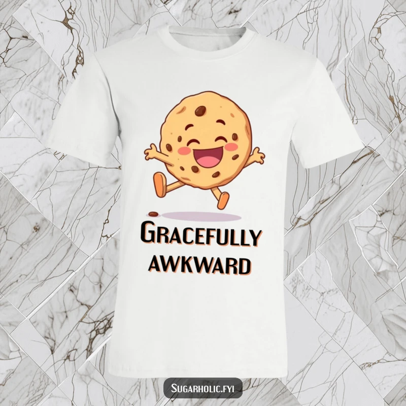 Funny cookie character t-shirt, humorously depicted tripping but landing with a wide, delighted grin, conveying cheerful resilience.