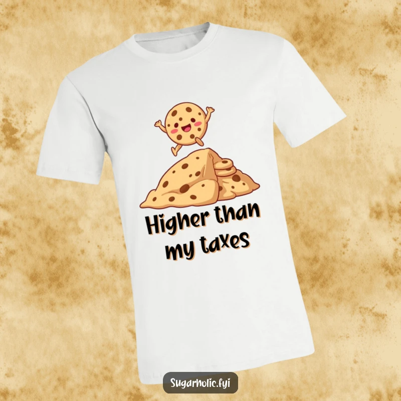 Funny T-shirt featuring a gleeful cookie cartoon character leaping dynamically over a huge pile of cookies, celebrating joy.