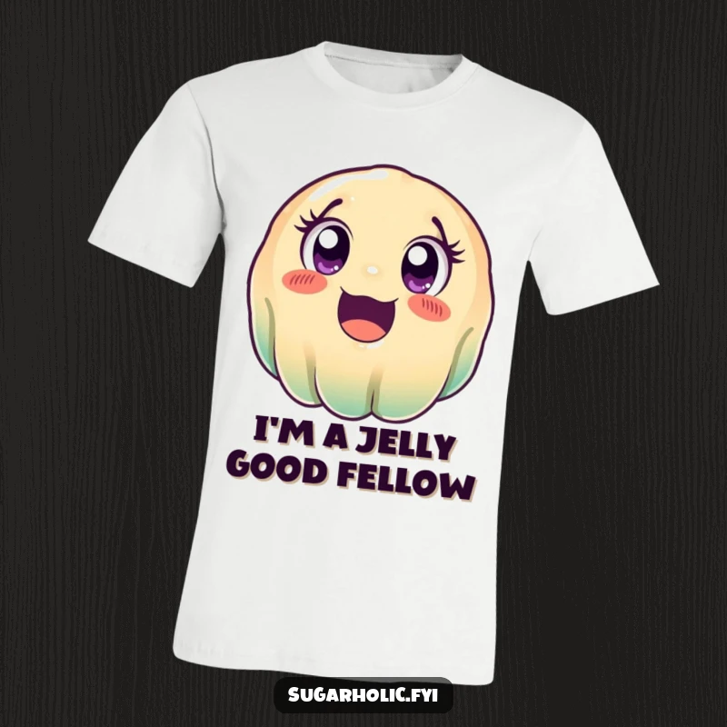 Funny wobbly jelly t-shirt featuring a cute cartoon jelly character rolling with wide, excited eyes, a hilariously joyful design.