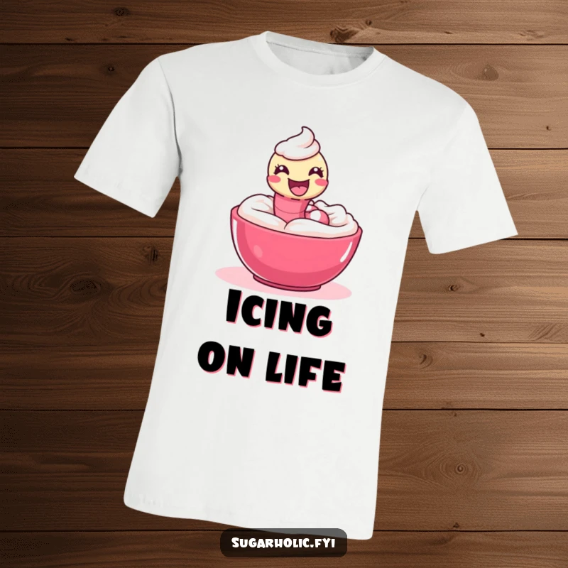 Funny T-Shirt depicting a delighted gummy worm playfully slithering through a bowl of sweet icing.