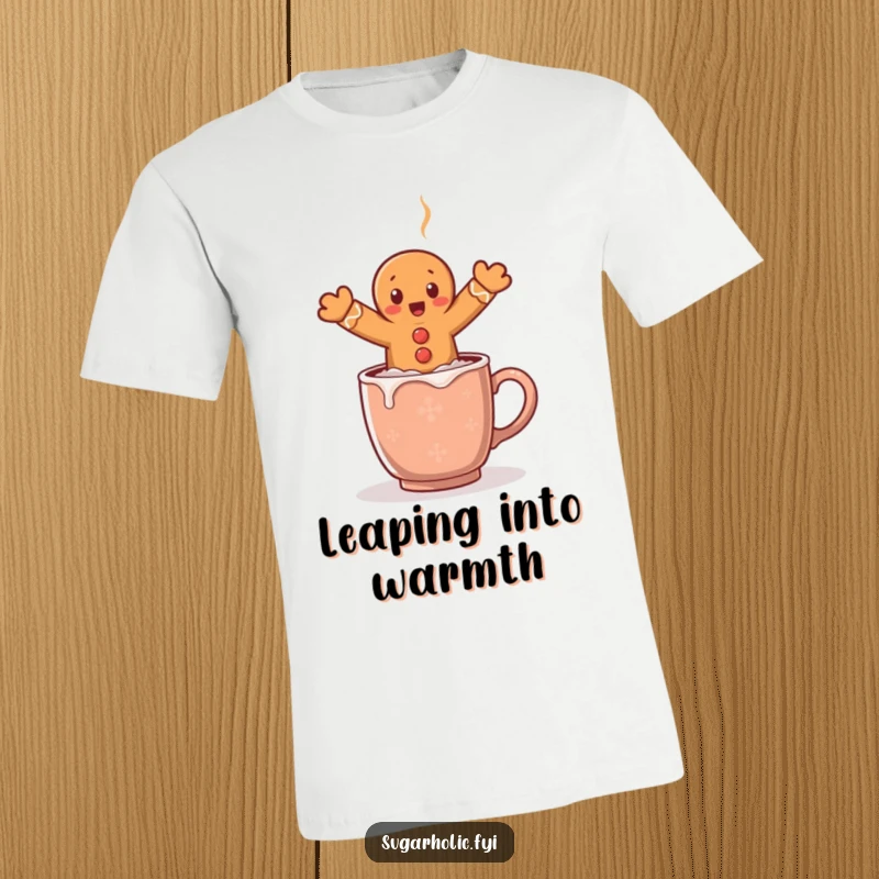 Funny t-shirt depicting a surprised gingerbread man mid-air, comically leaping over a steaming mug of cocoa, showing pure shock.