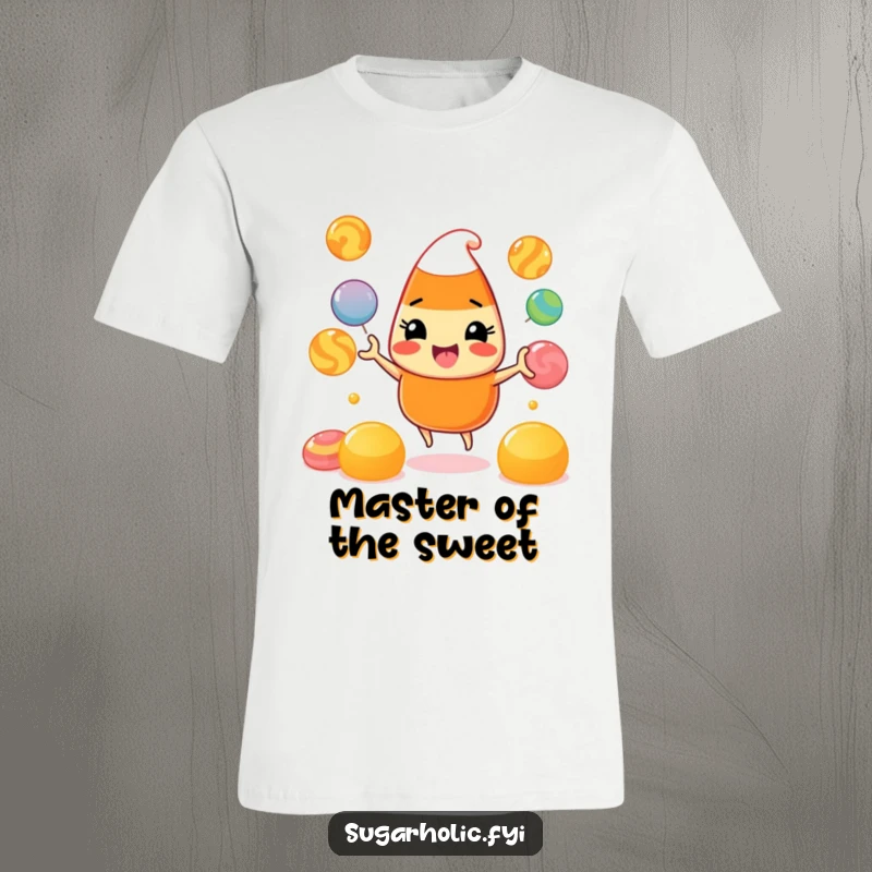 Funny T-Shirt: A beaming candy corn character skillfully juggling multicolored gumdrops, embodying festive fun and sweet delight.