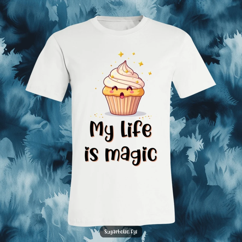 Funny T-Shirt featuring a surprised cupcake receiving a shower of tiny edible glitter stars.