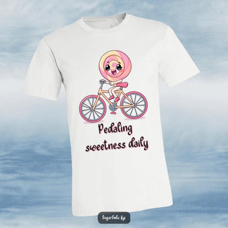 Funny lollipop character joyfully pedals a miniature bicycle made of sparkling rock candy, a delightful and humorous scene.