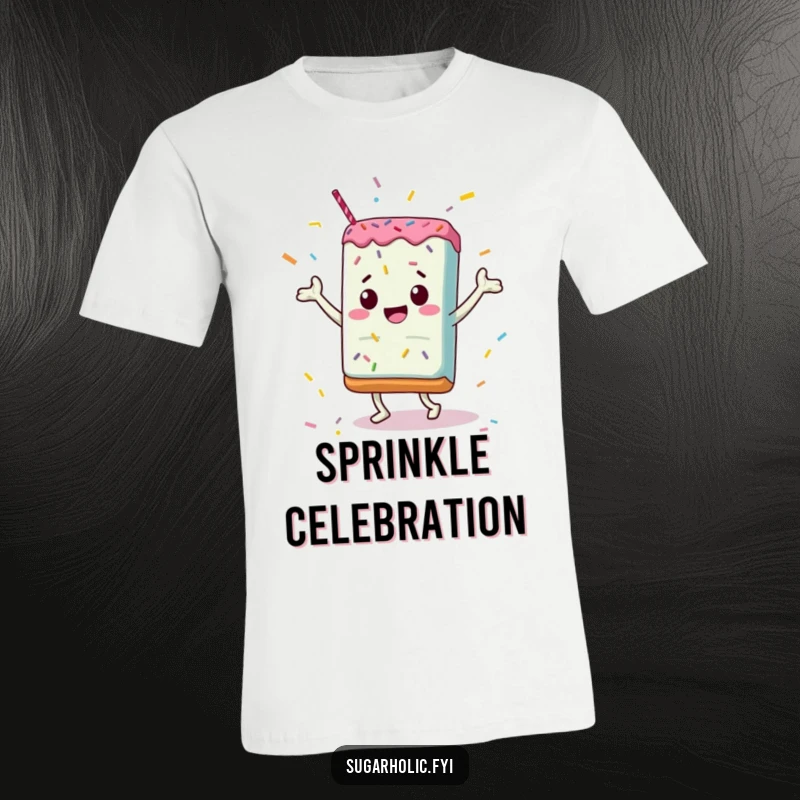 Funny T-Shirt: A candy bar energetically dancing amidst a joyful explosion of colorful sprinkles, a humorous and festive design.