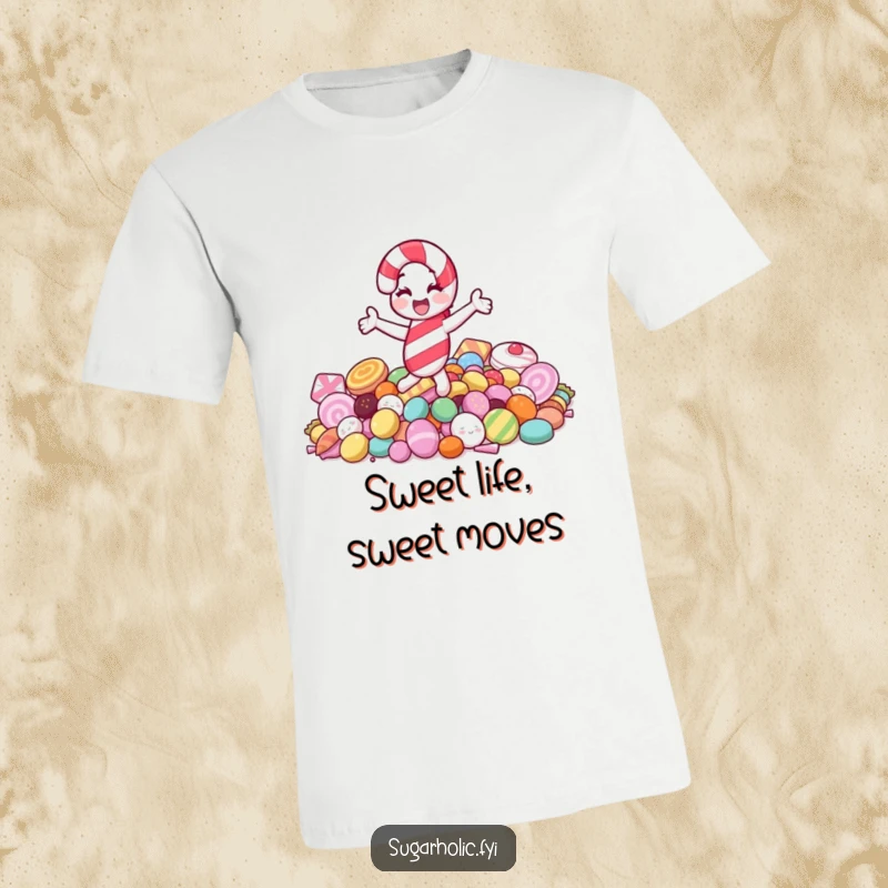 Funny t-shirt depicting a jolly candy cane character in a joyful spin atop a colorful mound of sweets, full of festive energy.