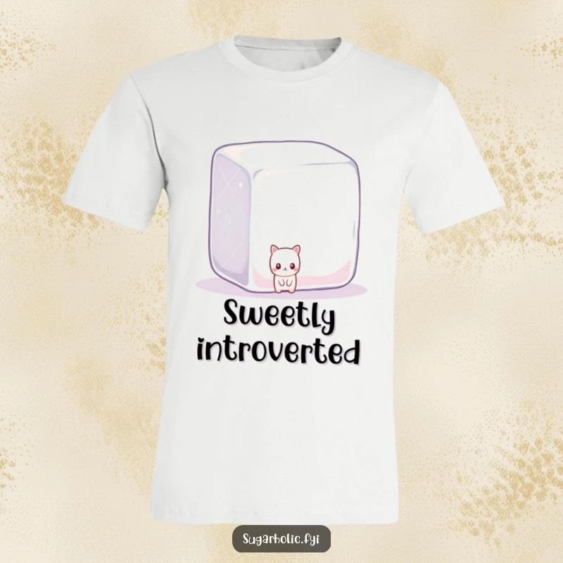A shy piece of candy peeking out from behind a large, sparkling sugar cube on a fun t-shirt.