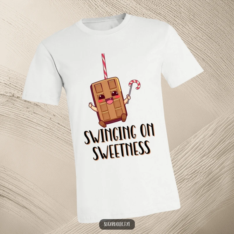 Funny t-shirt depicting a thrilled chocolate bar character swinging dynamically from a licorice rope, conveying exhilaration and sweet delight.