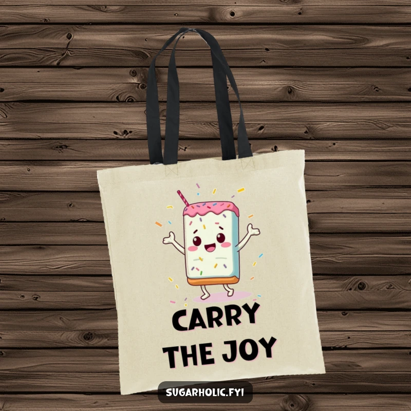 Funny Tote Bag: A candy bar joyfully dancing amidst a cascade of colorful sprinkles, a humorous and practical accessory.