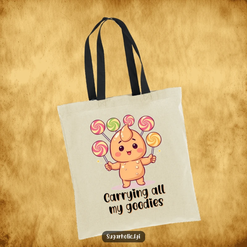 Funny Caramel Candy Tote Bag: A cute blushing character juggling various colorful gumdrops, perfect for everyday use and smiles.