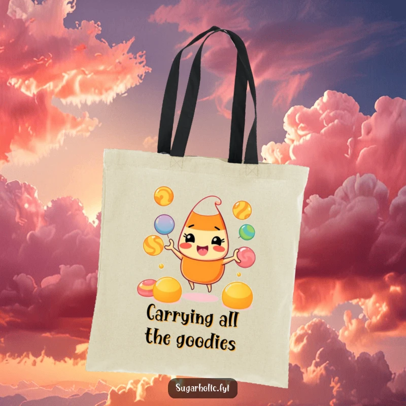 Funny Tote Bag: A sturdy tote featuring a beaming candy corn character juggling colorful gumdrops, perfect for carrying essentials with flair.