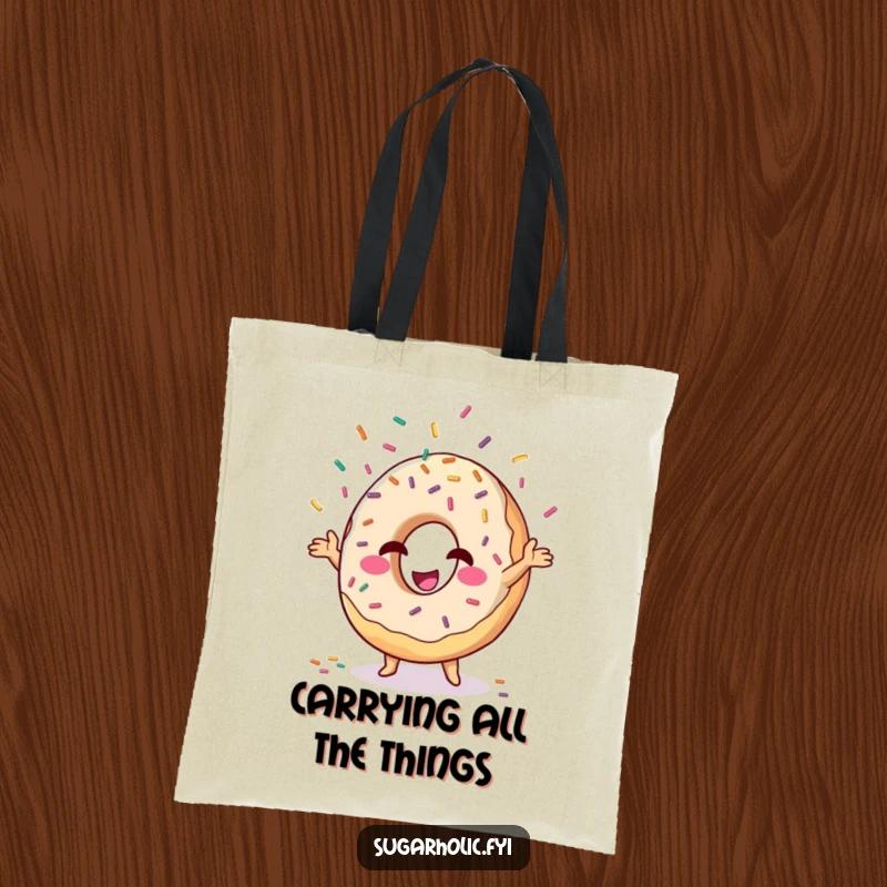 Funny donut character juggling sprinkles, reusable tote bag for shopping and carrying treats with humor.