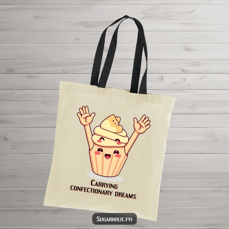 Funny cupcake and gummy bear high-fiving, a cute and humorous tote bag for carrying everyday essentials.