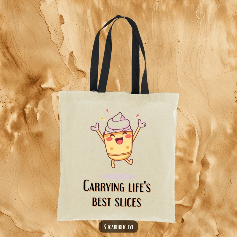 Funny Pie Tote Bag: A cheerful pie character in a celebratory jump, perfect for everyday use and spreading smiles.