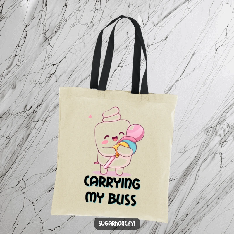 Funny tote bag featuring an ecstatic anthropomorphic marshmallow character hugging a giant lollipop, perfect for carrying sweet humor.