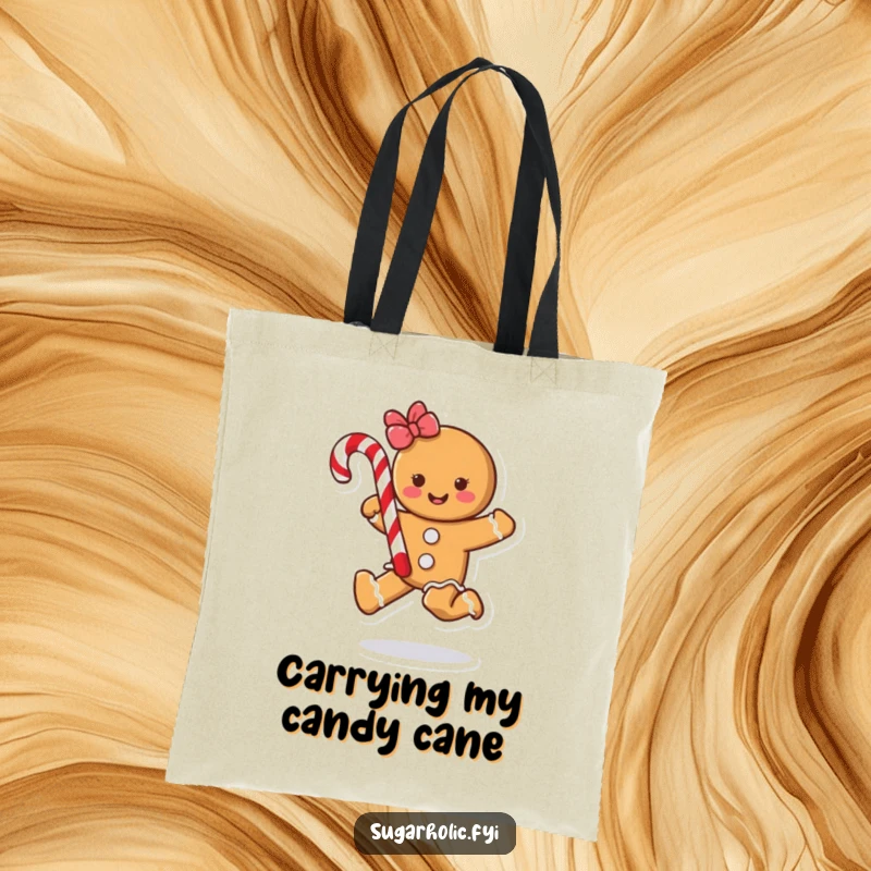 Funny gingerbread cookie character skipping with a candy cane, showcased on a durable and humorous tote bag for shopping.