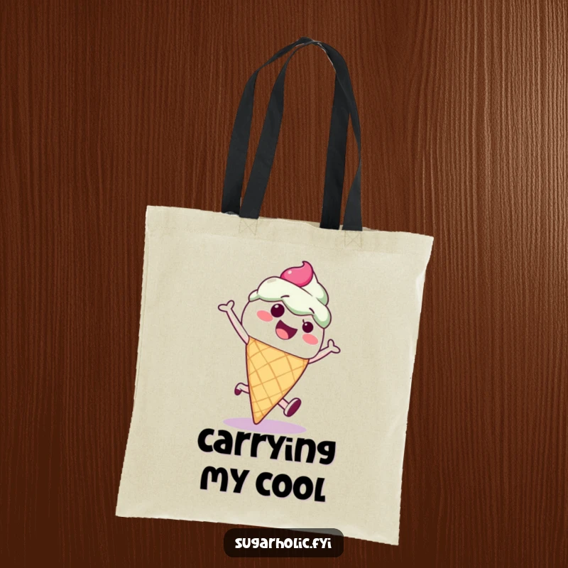 Funny ice cream cone character doing a cartwheel, printed on a durable and humorous tote bag, perfect for shopping.