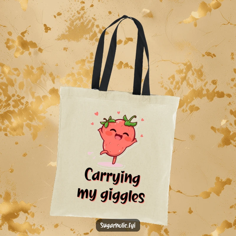Funny Tote Bag illustrating a delighted strawberry character performing a cartwheel, spreading joy and giggles with every step.