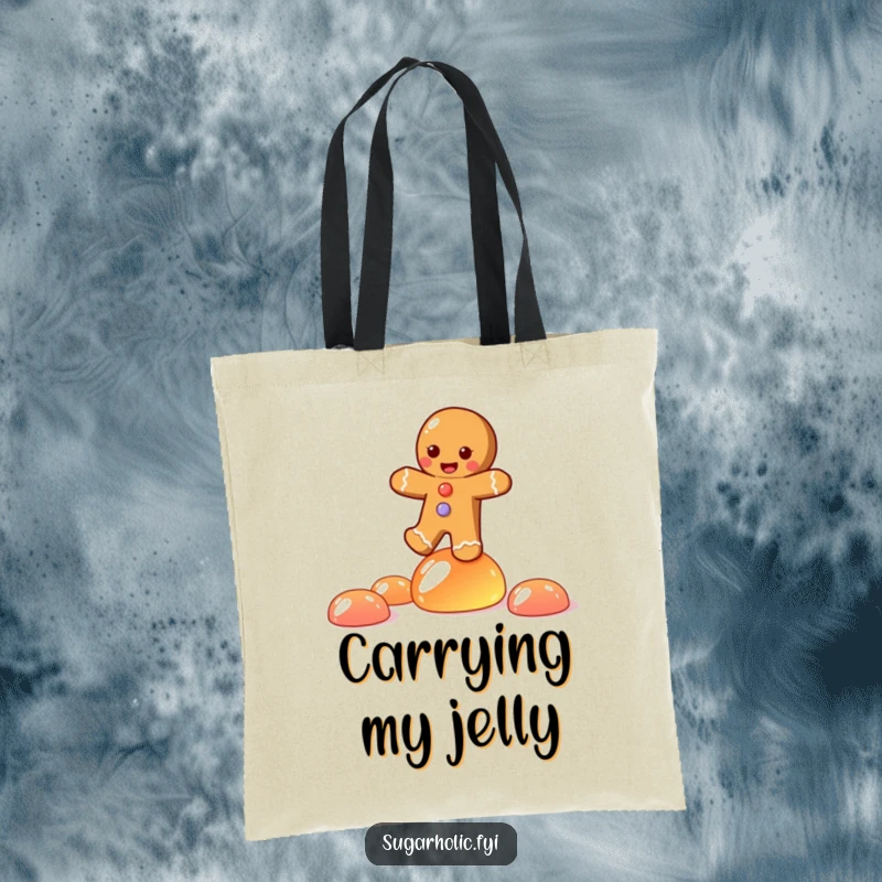 Funny tote bag showing a joyful gingerbread person character balancing on jelly candies, perfect for stylish, humorous carrying.