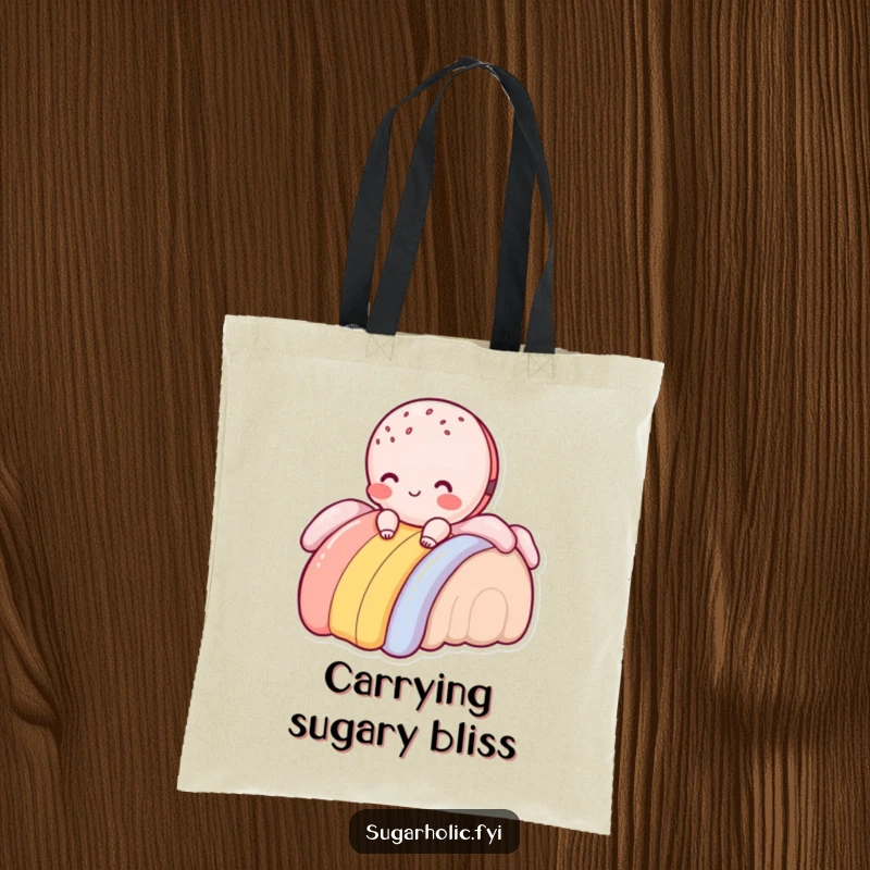 Funny macaroon character sliding down a frosting rainbow, reusable tote bag for shopping and carrying treats.