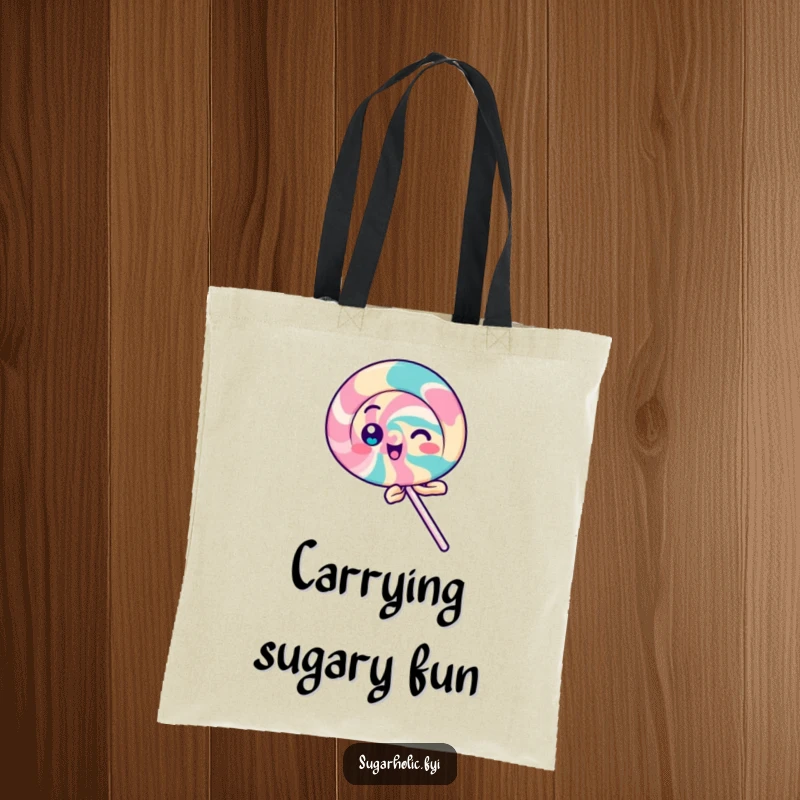 Funny Lollipop Tote Bag with a playful lollipop character spinning with delight, a sweet and funny gift.