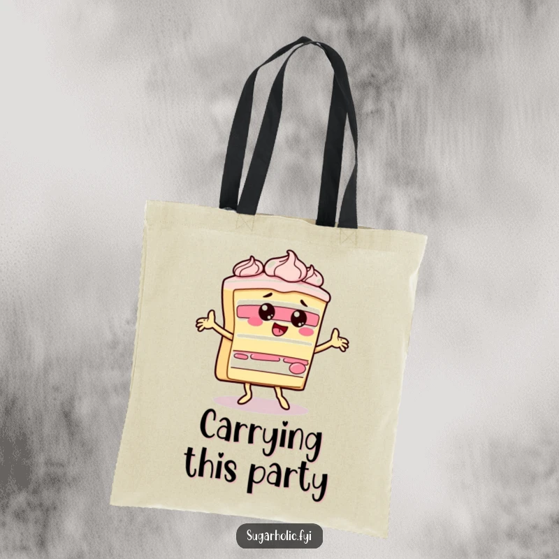 Funny slice of cake character doing a silly dance with frosting, printed on a durable and humorous tote bag.