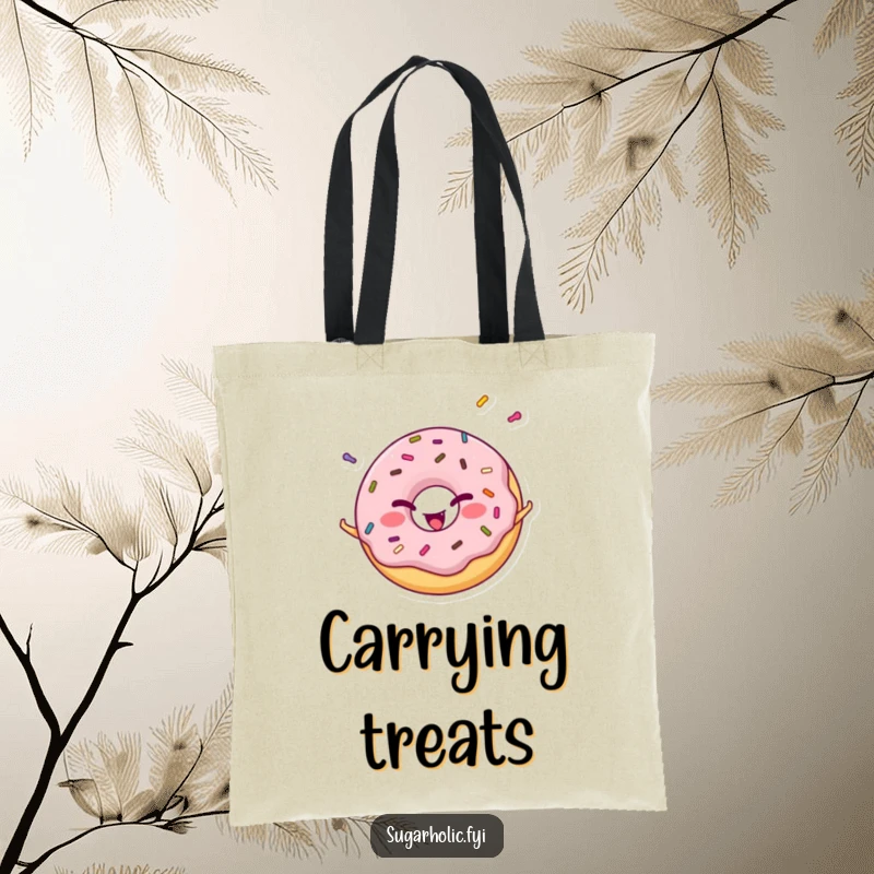 Funny cheerful donut character winking while juggling vibrant sprinkles, a humorous and practical tote bag.